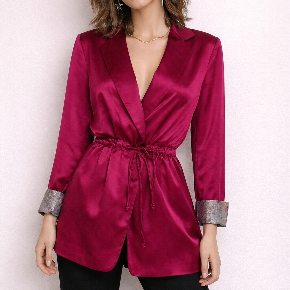 Elegant Fuscia Satin Cinch Waist Blazer